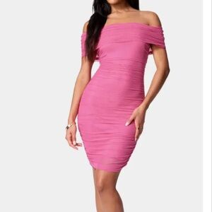 Bebe Off Shoulder Ruched Mini Dress Pink Large